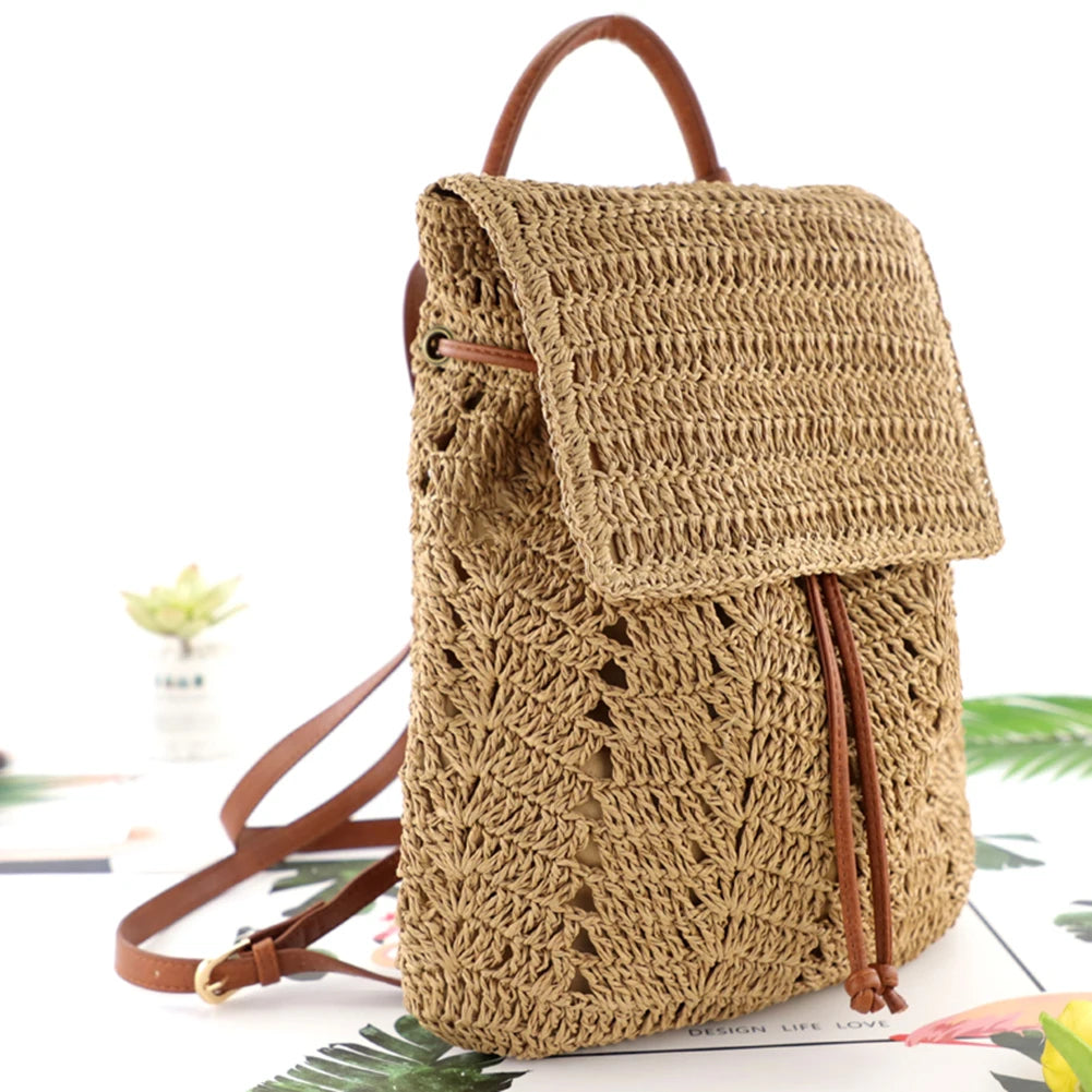 Women Straw Backpack Shoulder Messenger Bags for Summer Beach Travel