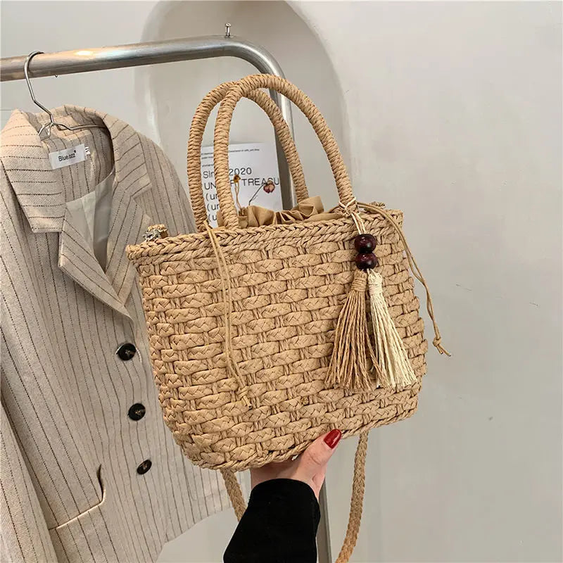 Summer Beach Tote Drawstring Crossbody Straw Bag Women Handbags