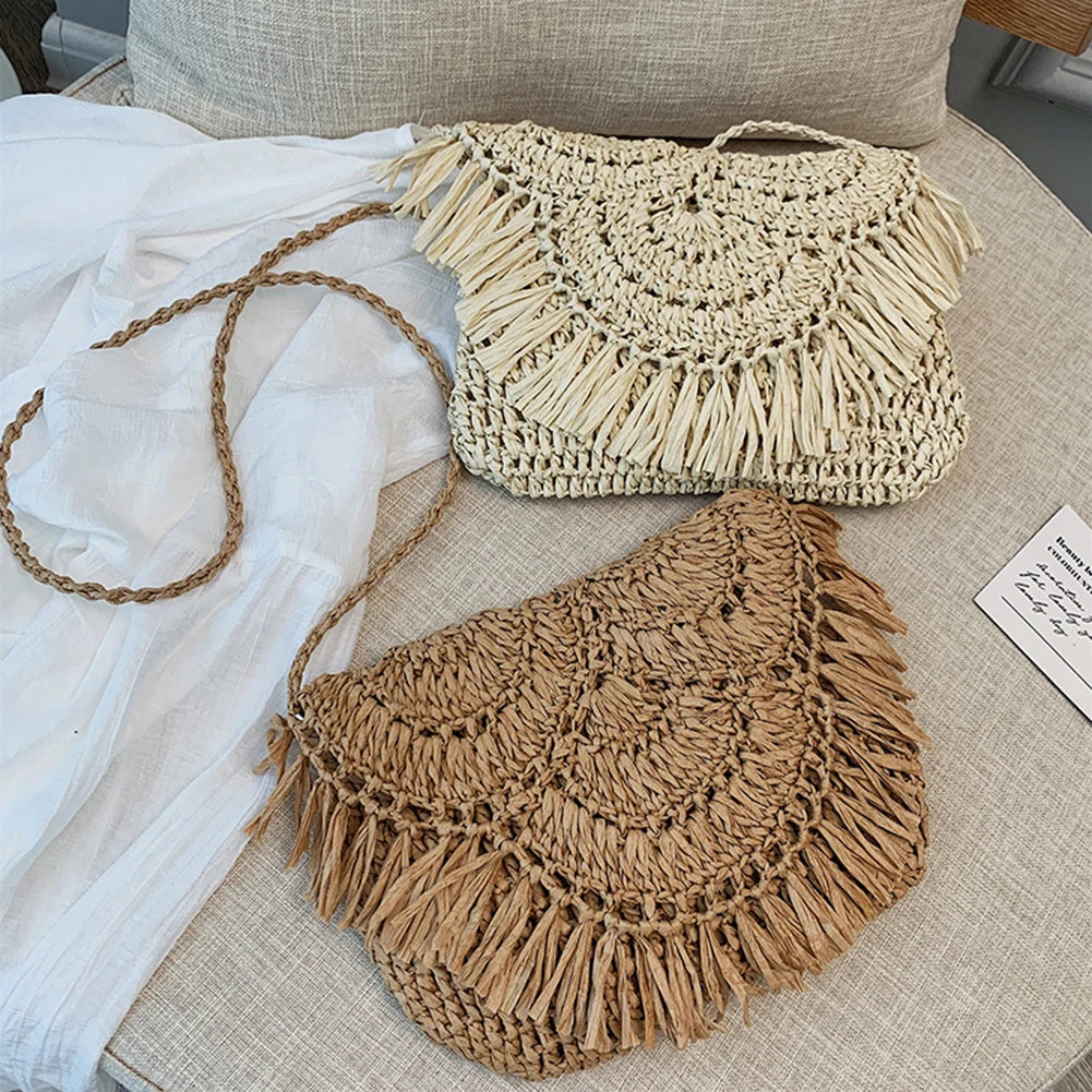 Summer Beach Vacation Women Tassels Straw Rattan Weave Crossbody Bag
