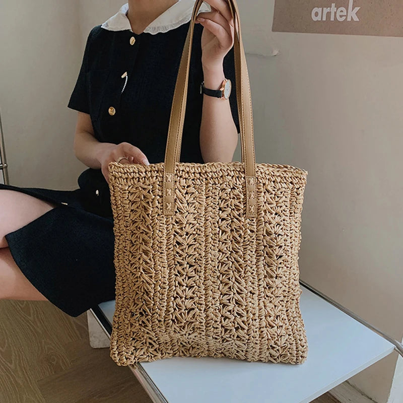 Women's Summer Beach Straw Woven Shopper Tote Shoulder Bag