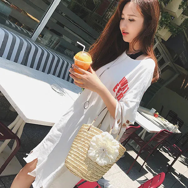 Bohemian Straw Woven Women's Handbag Flower Shoulder Bag Beach Tote