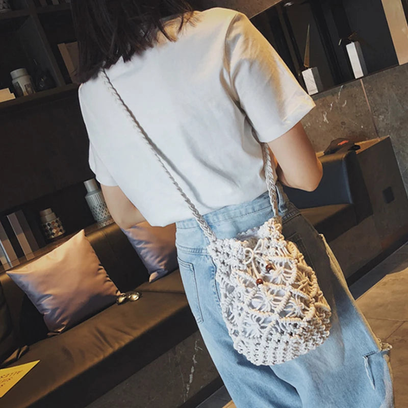 Summer Cotton Bucket Shoulder Bag Women Woven Drawstring Bag
