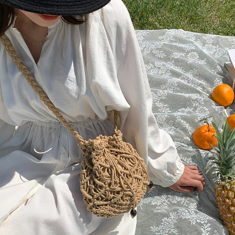 Summer Cotton Bucket Shoulder Bag Women Woven Drawstring Bag