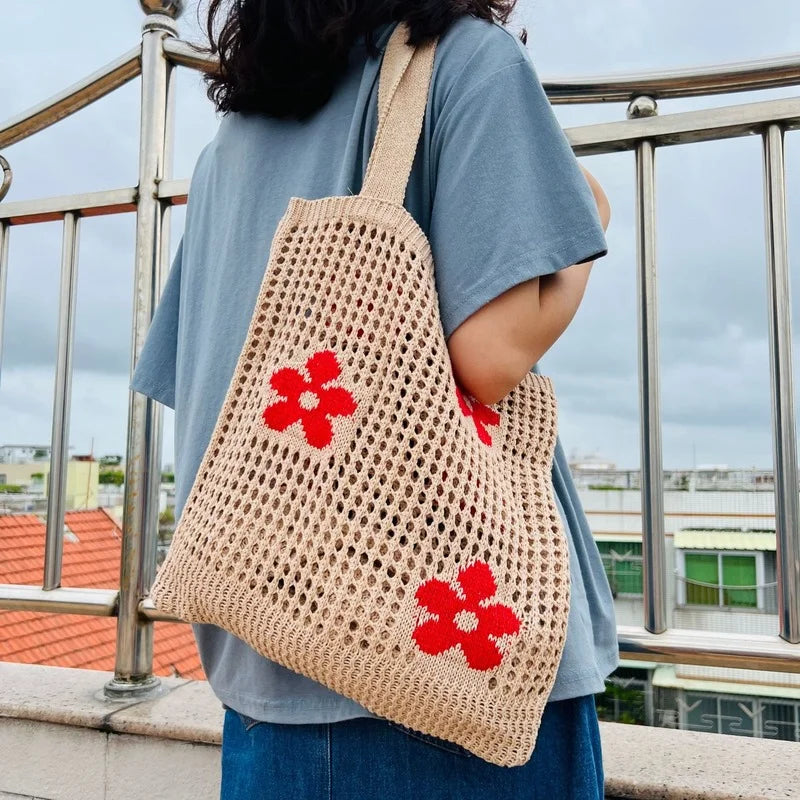 Summer Flower Handbag Women's Knitted Shoulder Bag Large Capacity Tote