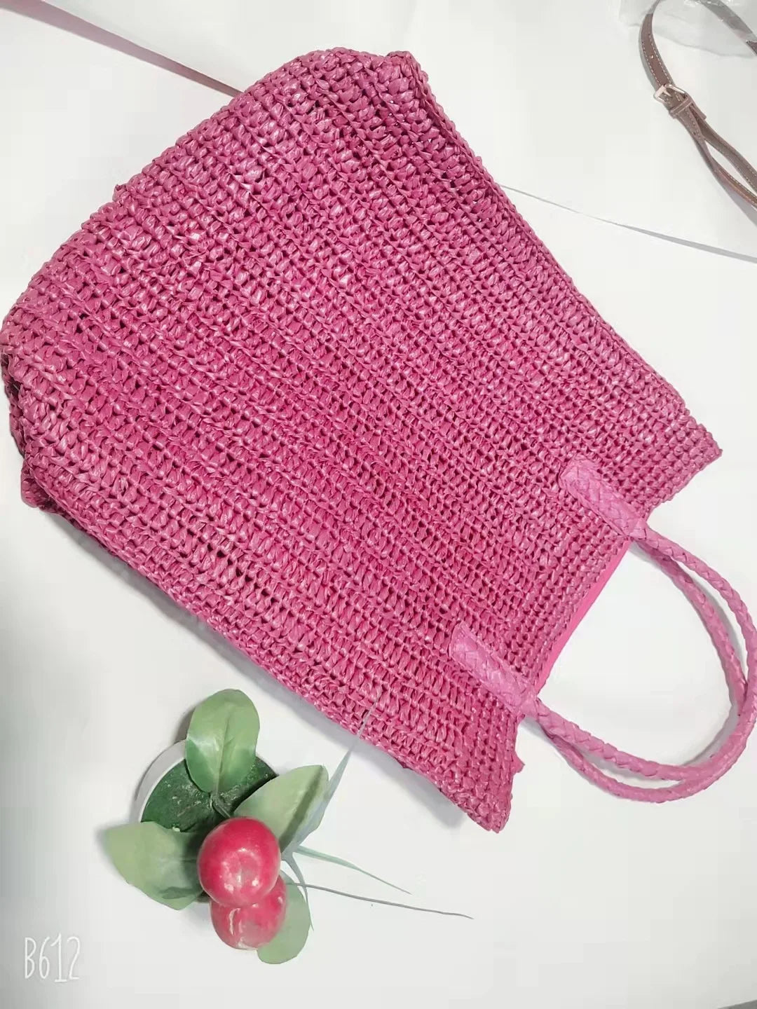 Hot Pink Straw Tote Bag for Women Large Capacity