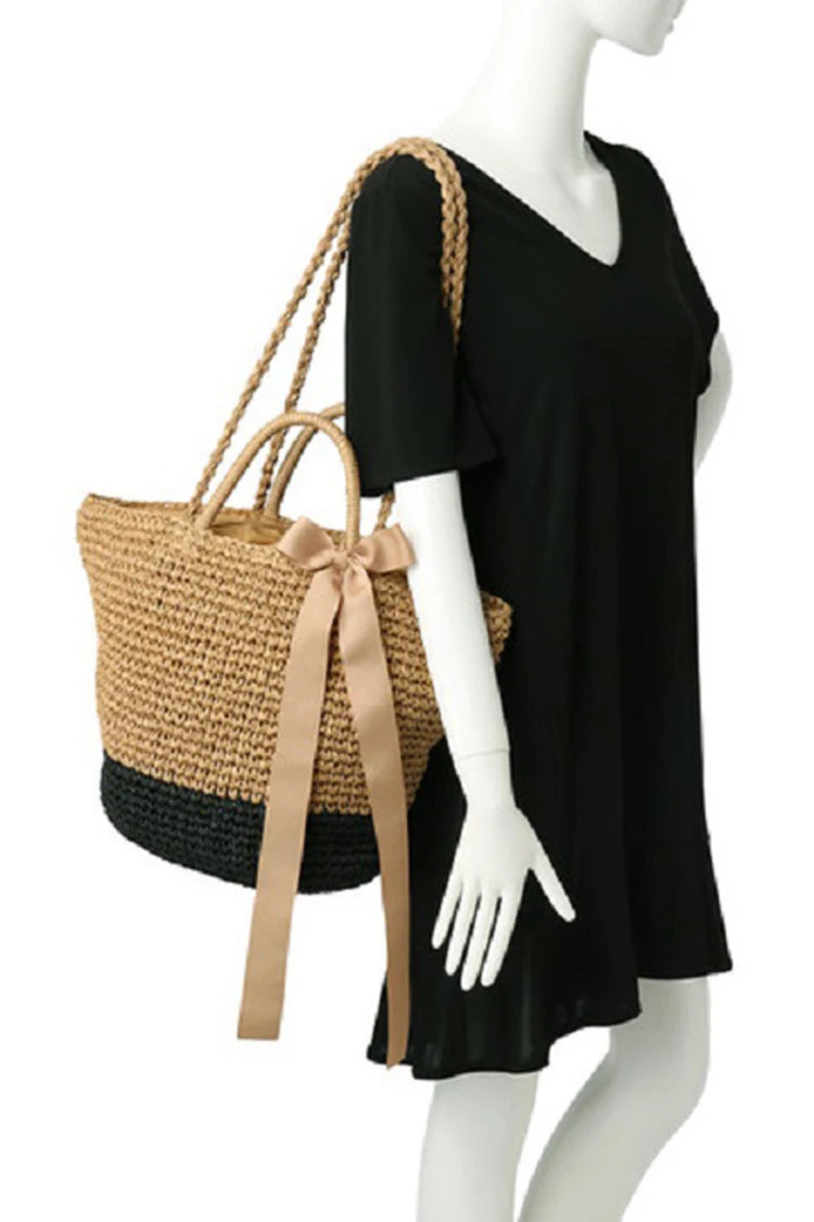Summer Straw Bags Ribbons Bowknot Beach Bag Casual Knitting Handbags Women