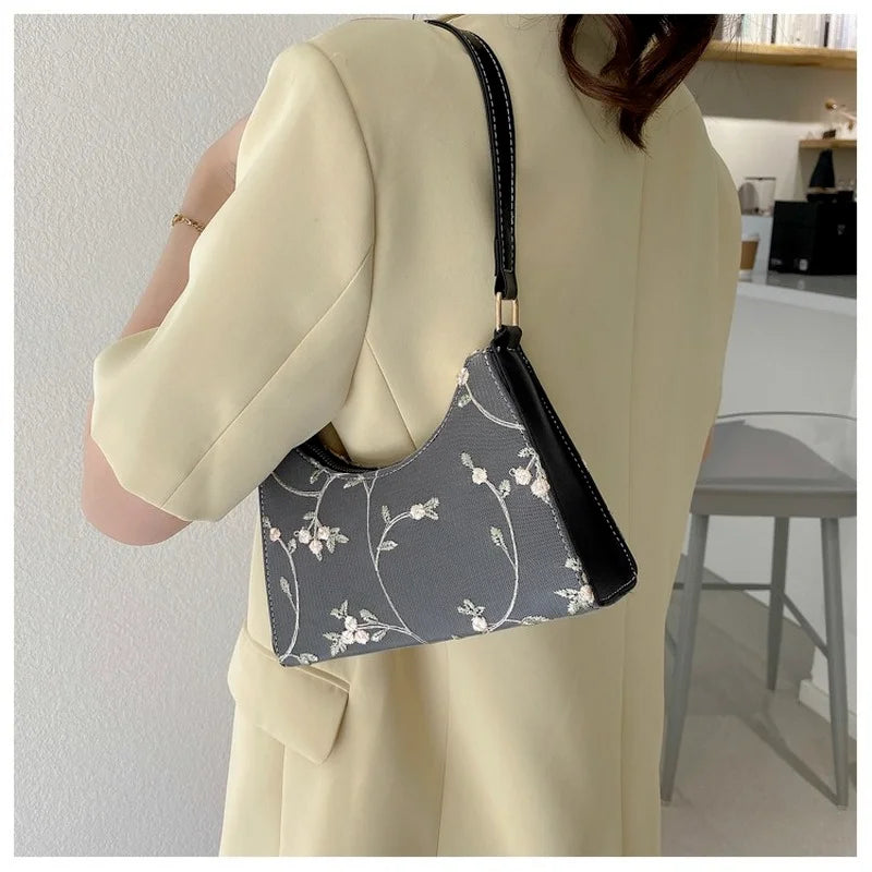 Summer Floral Lace Shoulder Bag for Women Soft PU Leather Underarm Bag