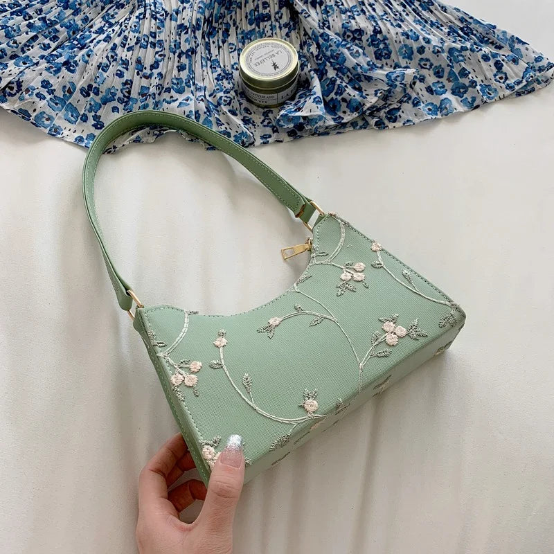 Summer Floral Lace Shoulder Bag for Women Soft PU Leather Underarm Bag