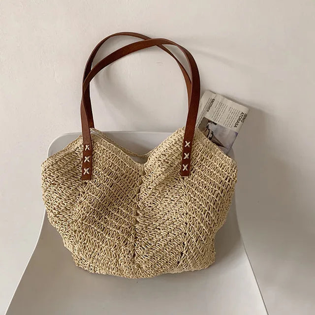 Straw Beach Bag Woven Shoulder Rattan Shopping Tote Bohemian Vacation