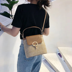 Summer Straw Bucket Bags For Women Rattan Crossbody Lady Travel Purses