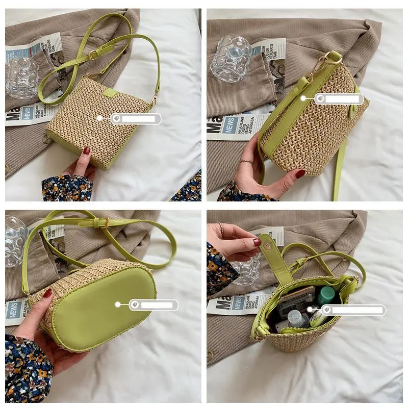 Summer Straw Woven Bucket Crossbody Bag for Women