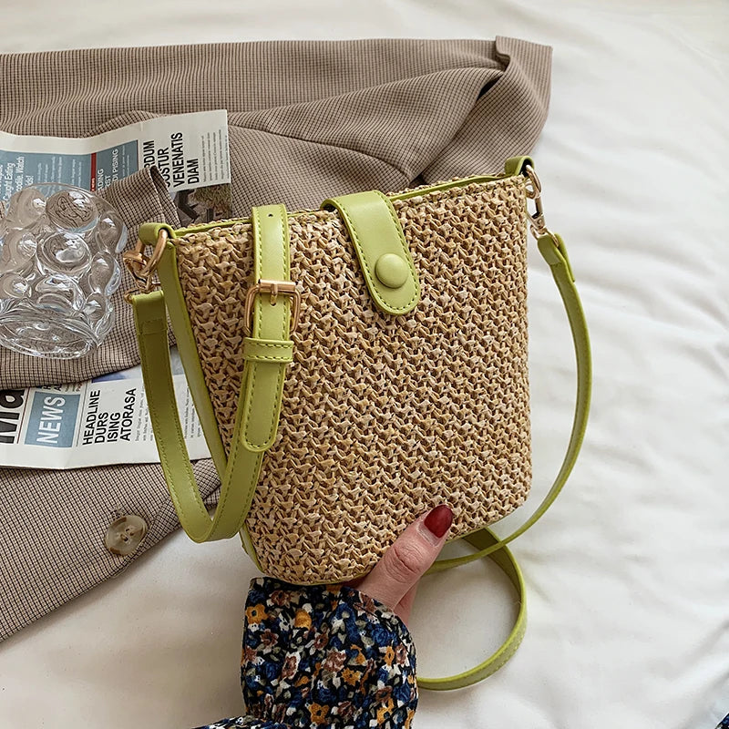 Summer Straw Woven Bucket Crossbody Bag for Women