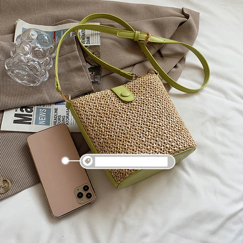 Summer Straw Woven Bucket Crossbody Bag for Women