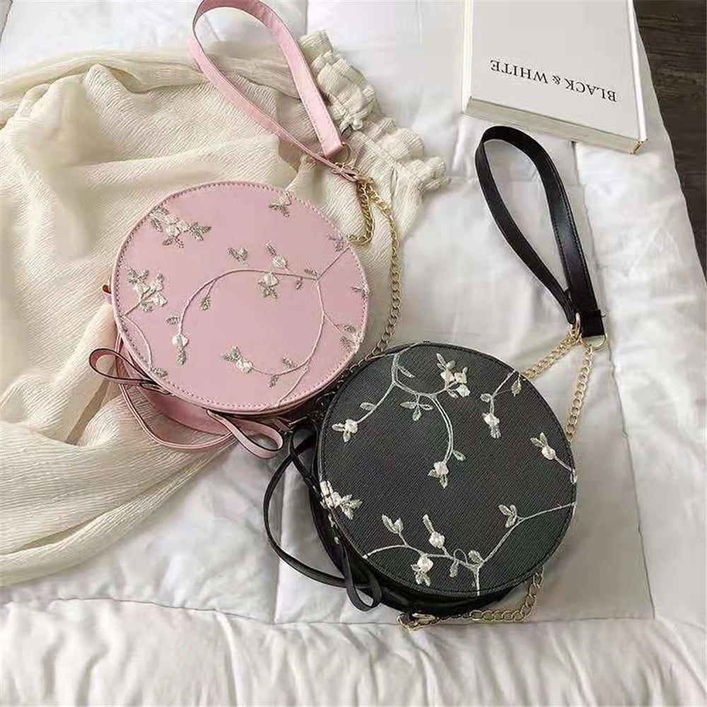 Summer Sweet Lace Round Handbags High PU Leather Women Crossbody Bags