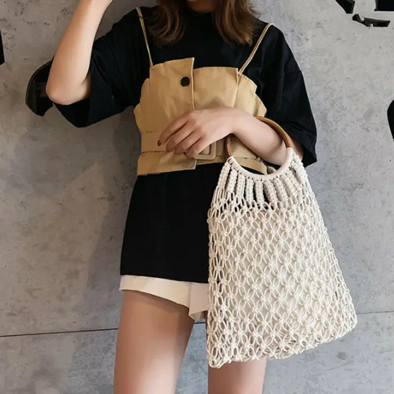 Summer Women Straw Rattan Beach Bag Hand Woven Shoulder Shopping Handbag Tote