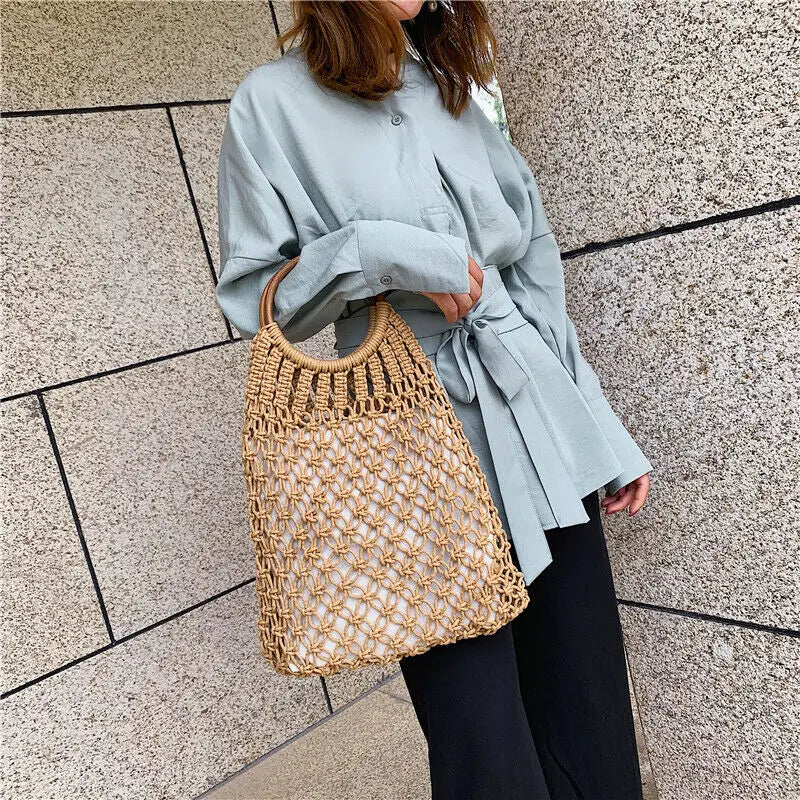 Summer Women Straw Rattan Beach Bag Hand Woven Shoulder Shopping Handbag Tote