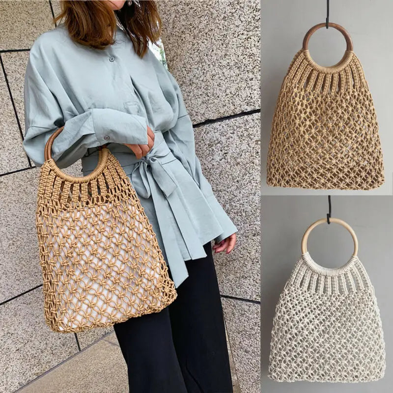 Summer Women Straw Rattan Beach Bag Hand Woven Shoulder Shopping Handbag Tote