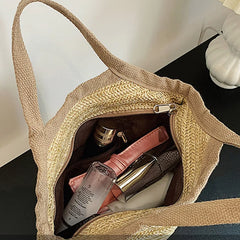 Vintage Straw Basket Beach Bag Rattan Shopping Handle Bag
