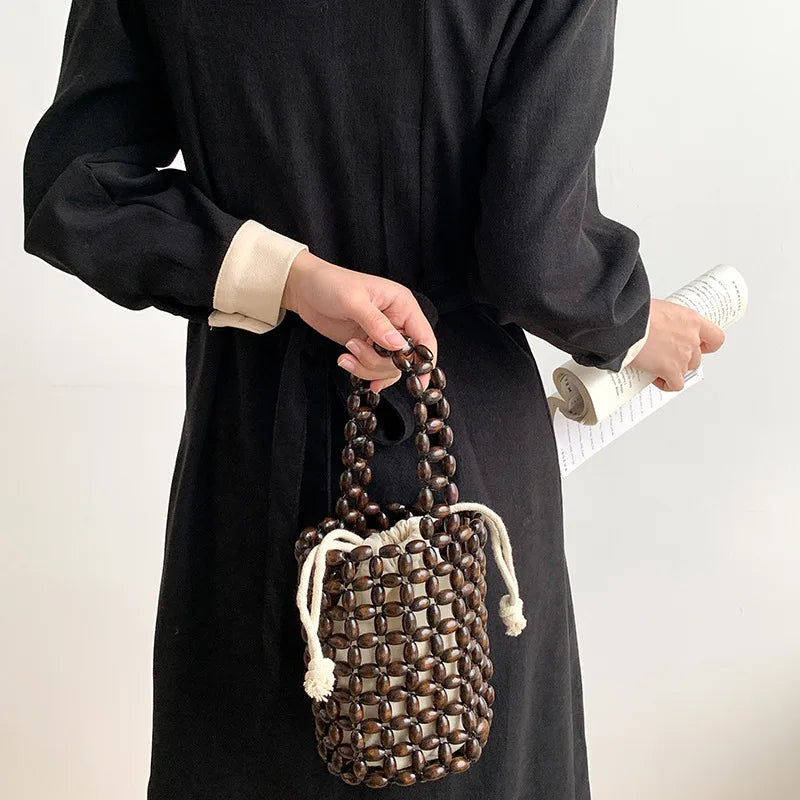 Summer Bucket Bag Drawstring Hand-Woven Beach Bag