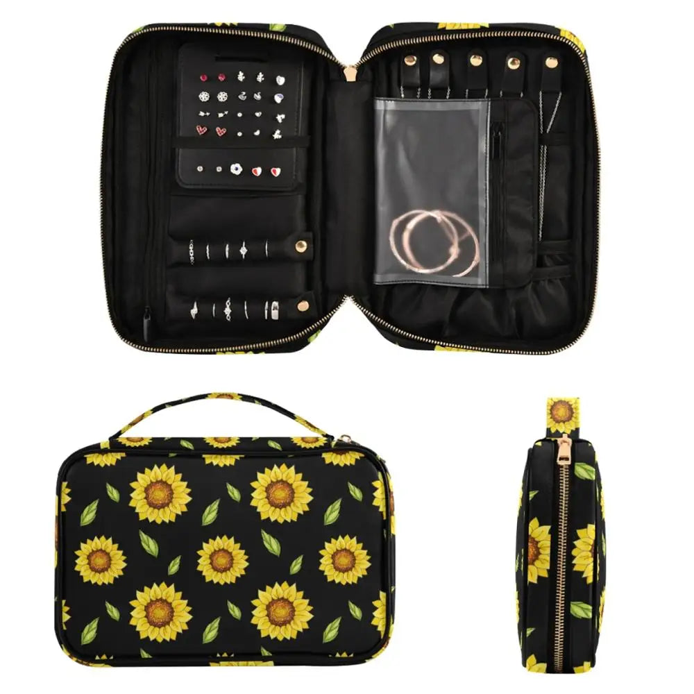 Sunflower Print Jewelry Box Travel Cosmetics Organizer