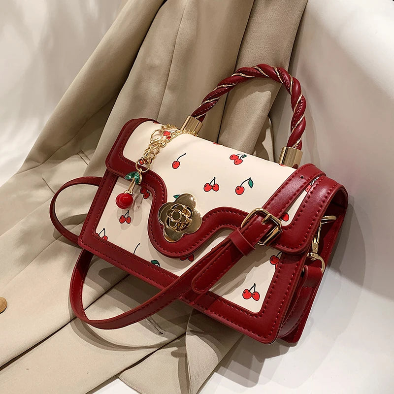 Sweet Cherry Square Chains Crossbody Bag Green Yellow HandBag