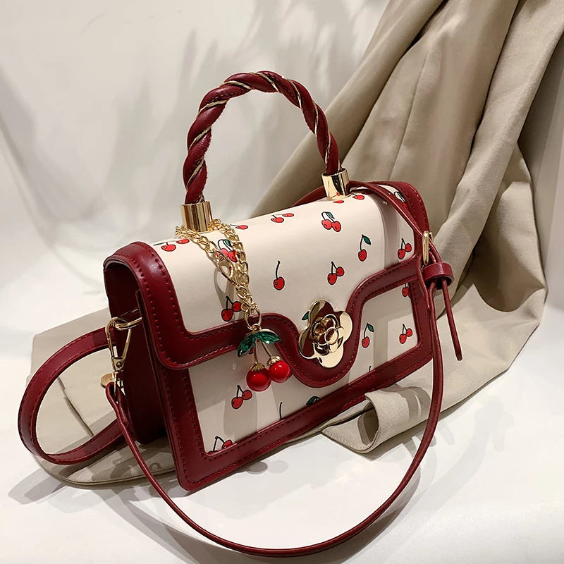 Sweet Cherry Square Chains Crossbody Bag Green Yellow HandBag