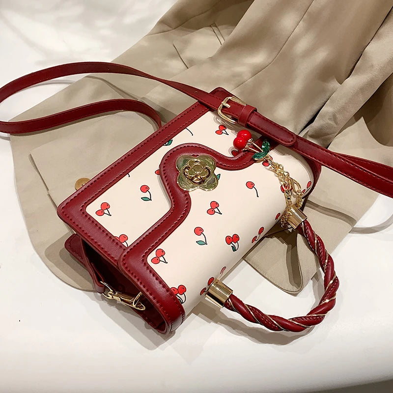 Sweet Cherry Square Chains Crossbody Bag Green Yellow HandBag
