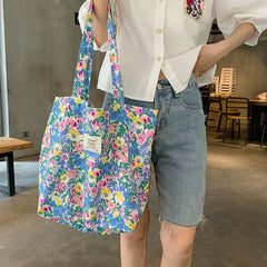Purple Flower Canvas Shopper Handbag for Women Girls