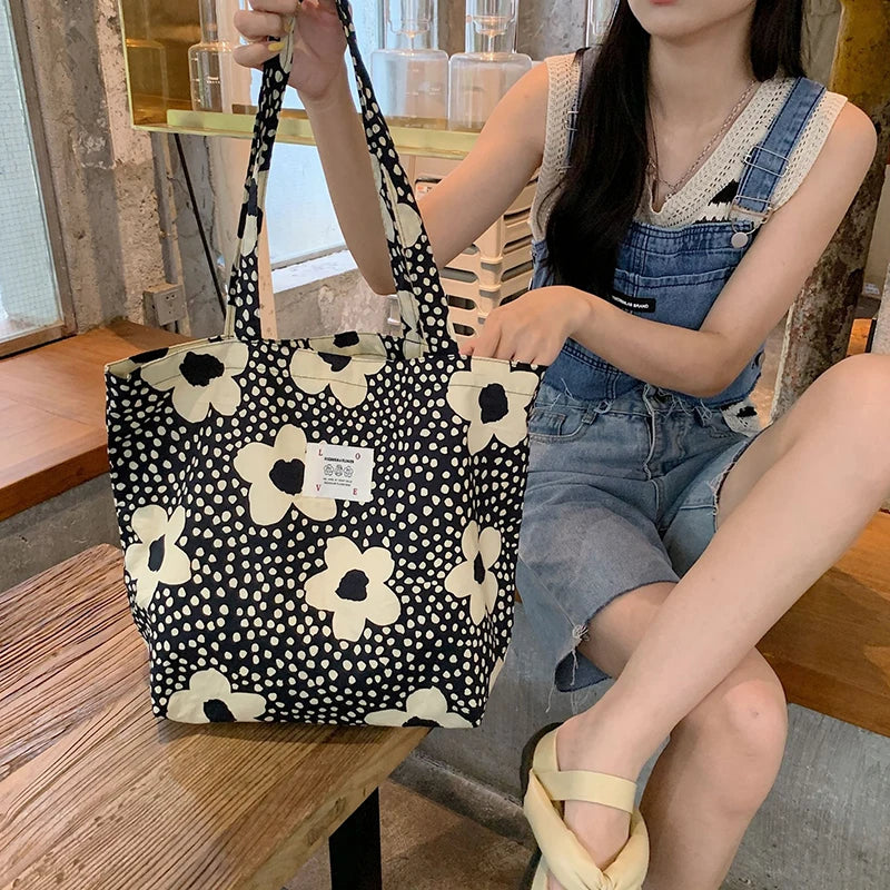 Purple Flower Canvas Shopper Handbag for Women Girls