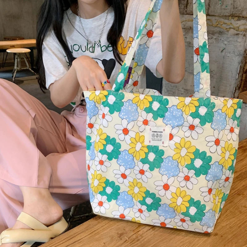 Sweet Flower Girls Student Book Tote Handbags Floral Women's Thin Cloth Shoulder