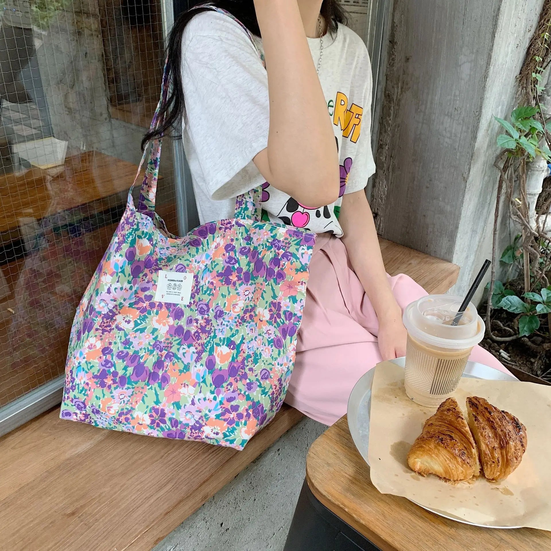 Sweet Flower Girls Student Book Tote Handbags Floral Women's Thin Cloth Shoulder