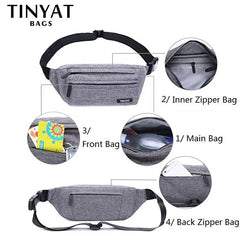 TINYAT Men Waist Bag Casual Fanny Pack Money Phone Belt Gray Nylon Bum Bag