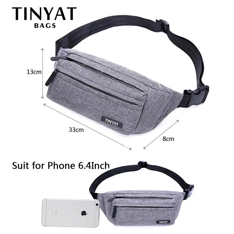 TINYAT Men Waist Bag Casual Fanny Pack Money Phone Belt Gray Nylon Bum Bag