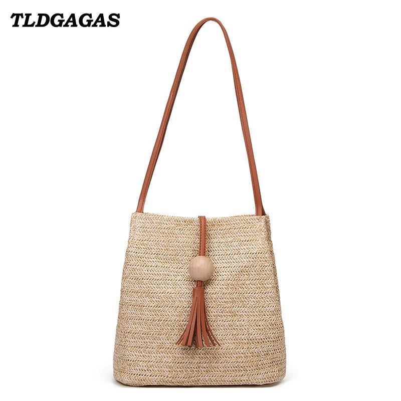 Women's Large Straw Handbag with Wooden Beads