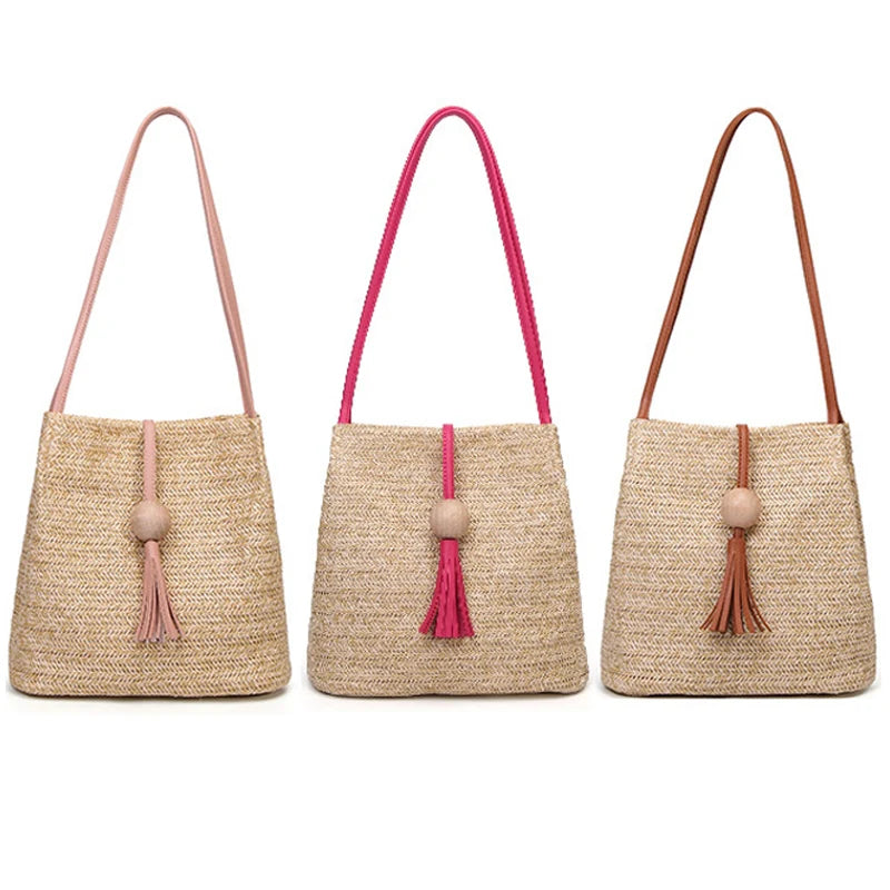 Women's Large Straw Handbag with Wooden Beads