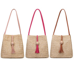 Women's Large Straw Handbag with Wooden Beads