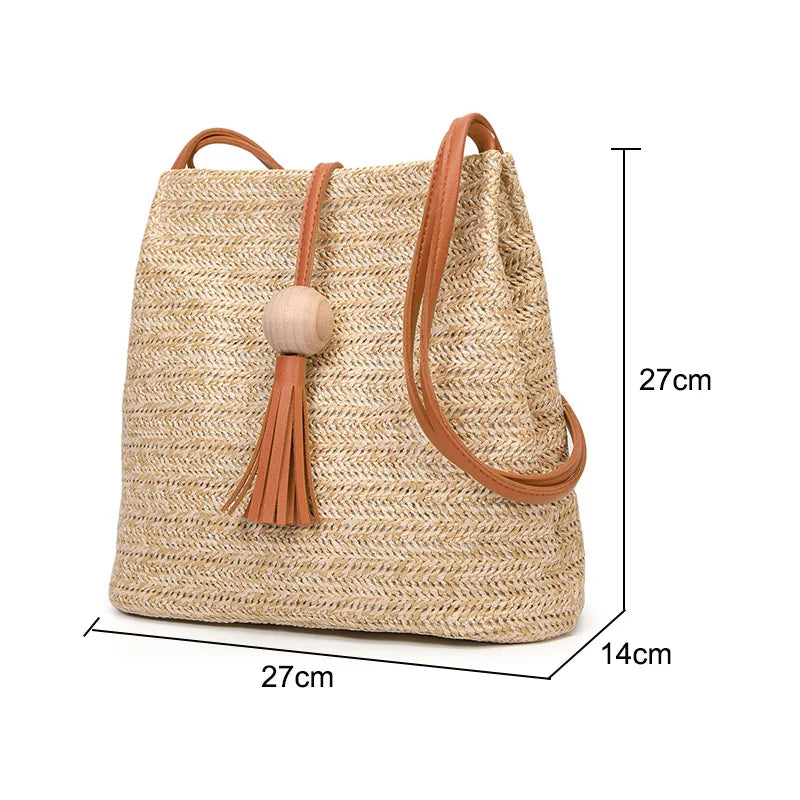Women's Large Straw Handbag with Wooden Beads