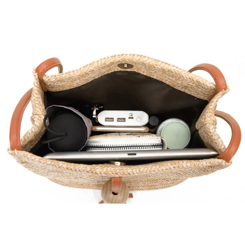 Women's Large Straw Handbag with Wooden Beads