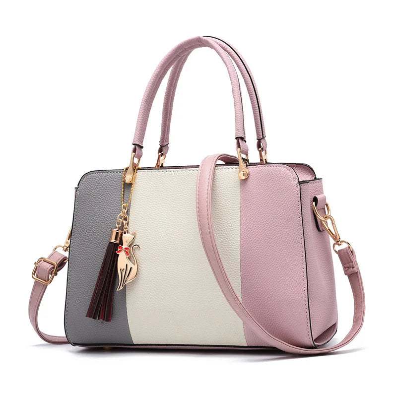 PU Leather Large Capacity Top Hand Bags for Women Casual Patchwork Square Tassel