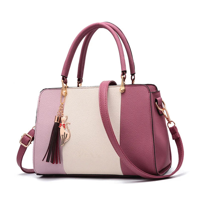 PU Leather Large Capacity Top Hand Bags for Women Casual Patchwork Square Tassel