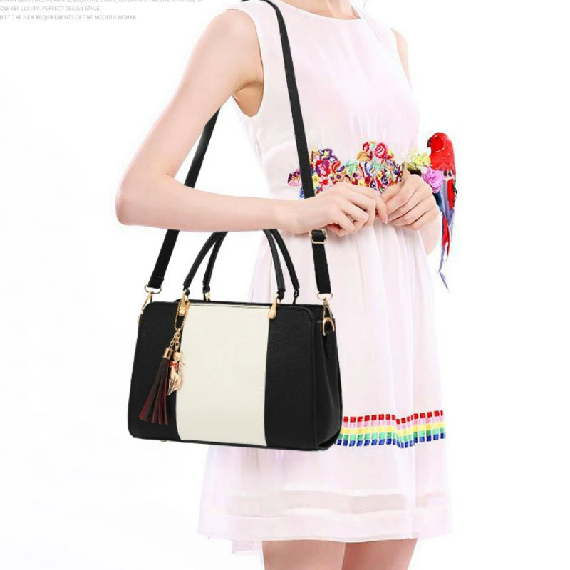 PU Leather Large Capacity Top Hand Bags for Women Casual Patchwork Square Tassel