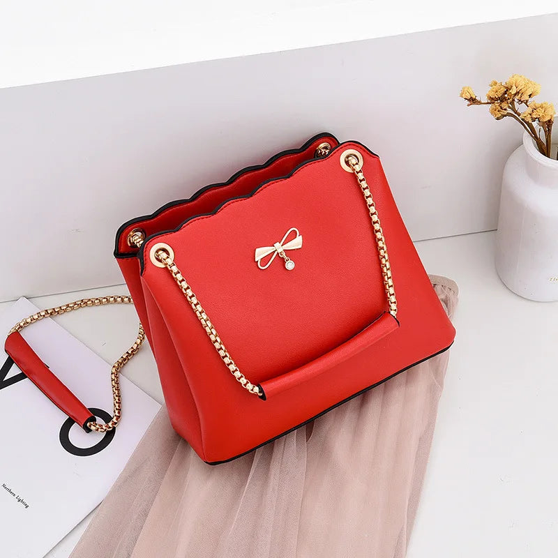 Leisure PU Leather Bow Women Shoulder Bag Solid Satchels Female Crossbody Bag