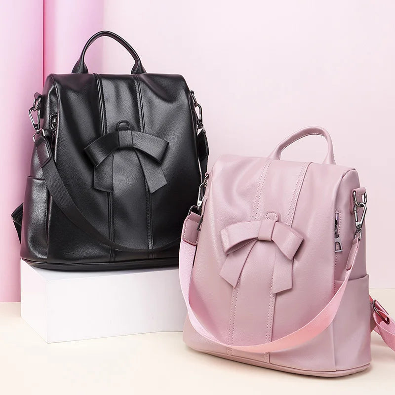 Vintage Bows Woman Backpack Small Casual Middle School Shoulder Bag Pink