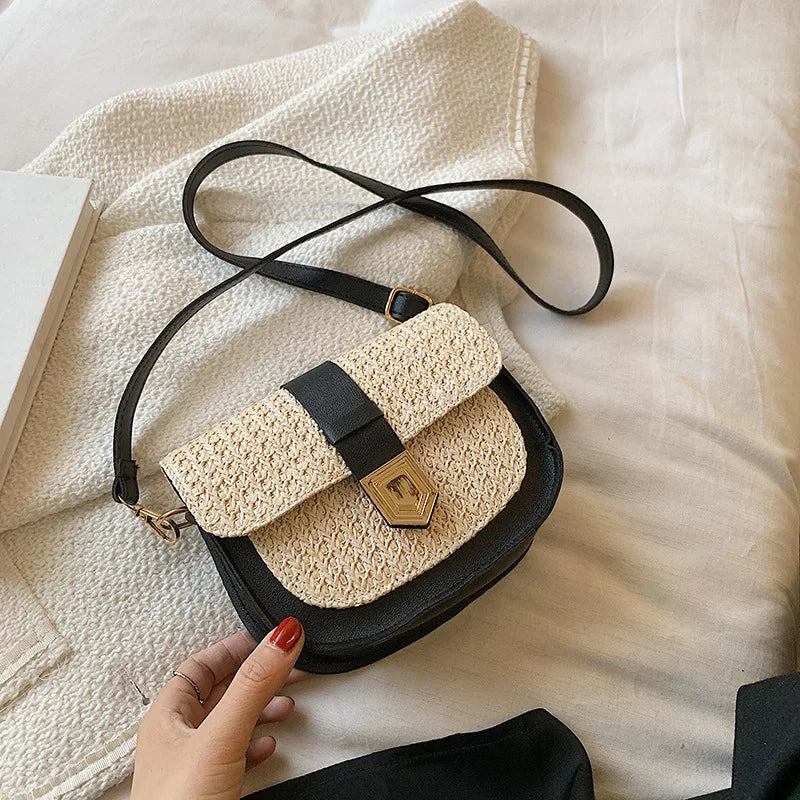 Straw Ladies Shoulder Bag High-Quality Metal Buckle Crossbody Bag Female