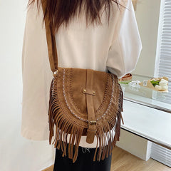 Faux Suede Fringed Shoulder Bag Brown
