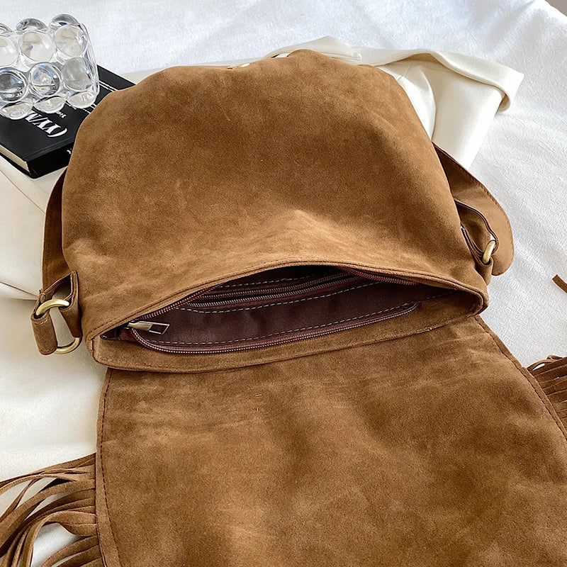 Faux Suede Fringed Shoulder Bag Brown