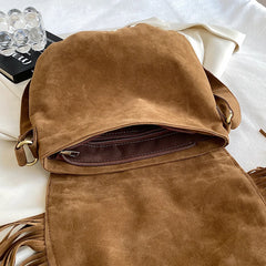 Faux Suede Fringed Shoulder Bag Brown