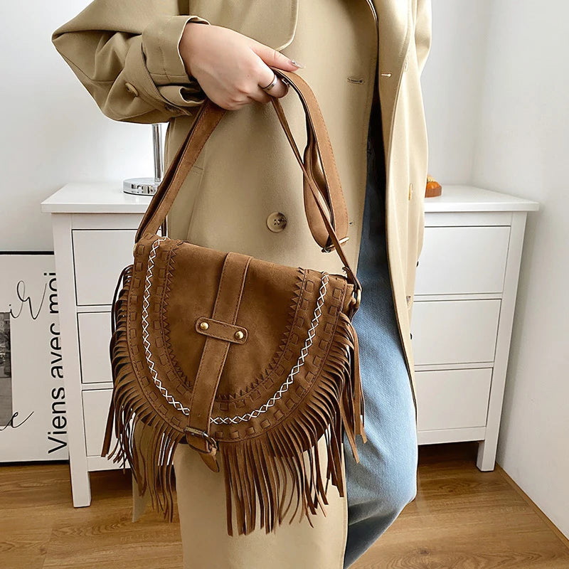 Faux Suede Fringed Shoulder Bag Brown