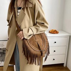 Faux Suede Fringed Shoulder Bag Brown