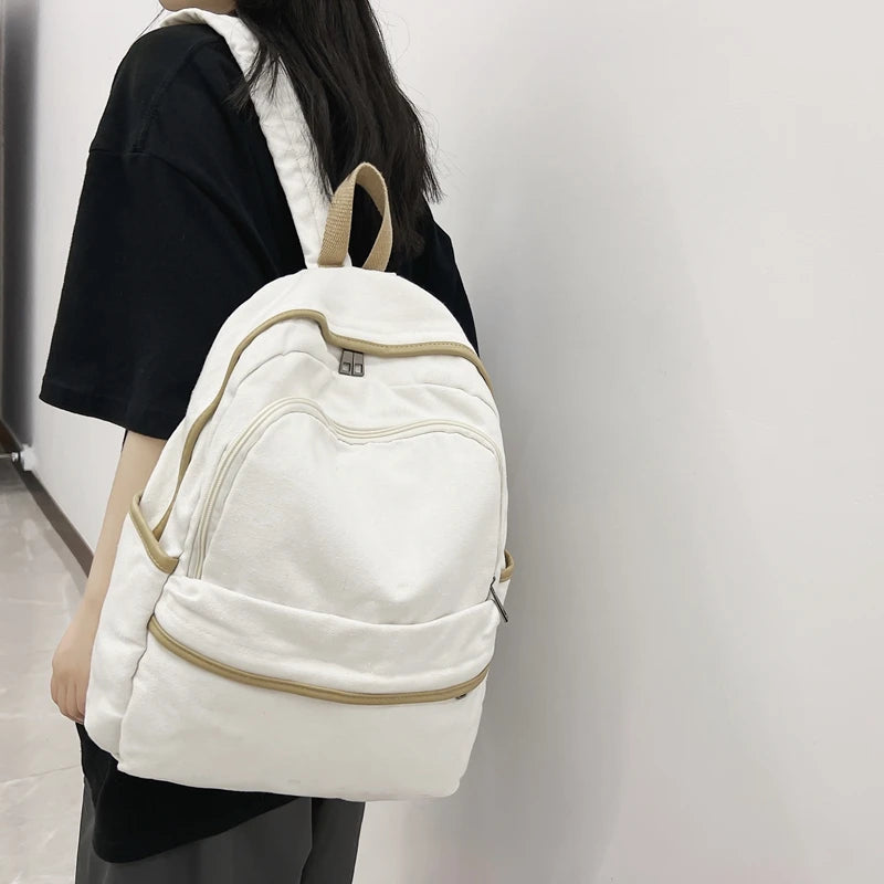 Teen Girls Solid Backpack Washed Canvas Schoolbag Large Capacity